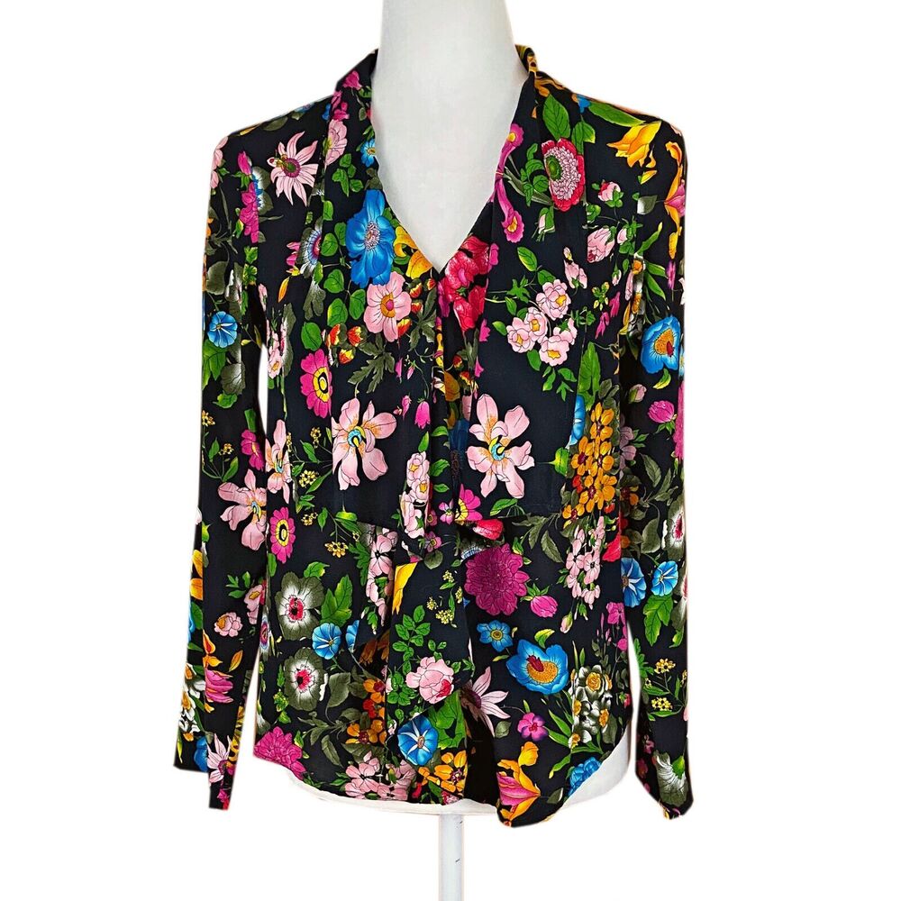Anthropologie 11.1.TYLHO Mireia Blouse Top Size S Black Floral Button-up Ruffle